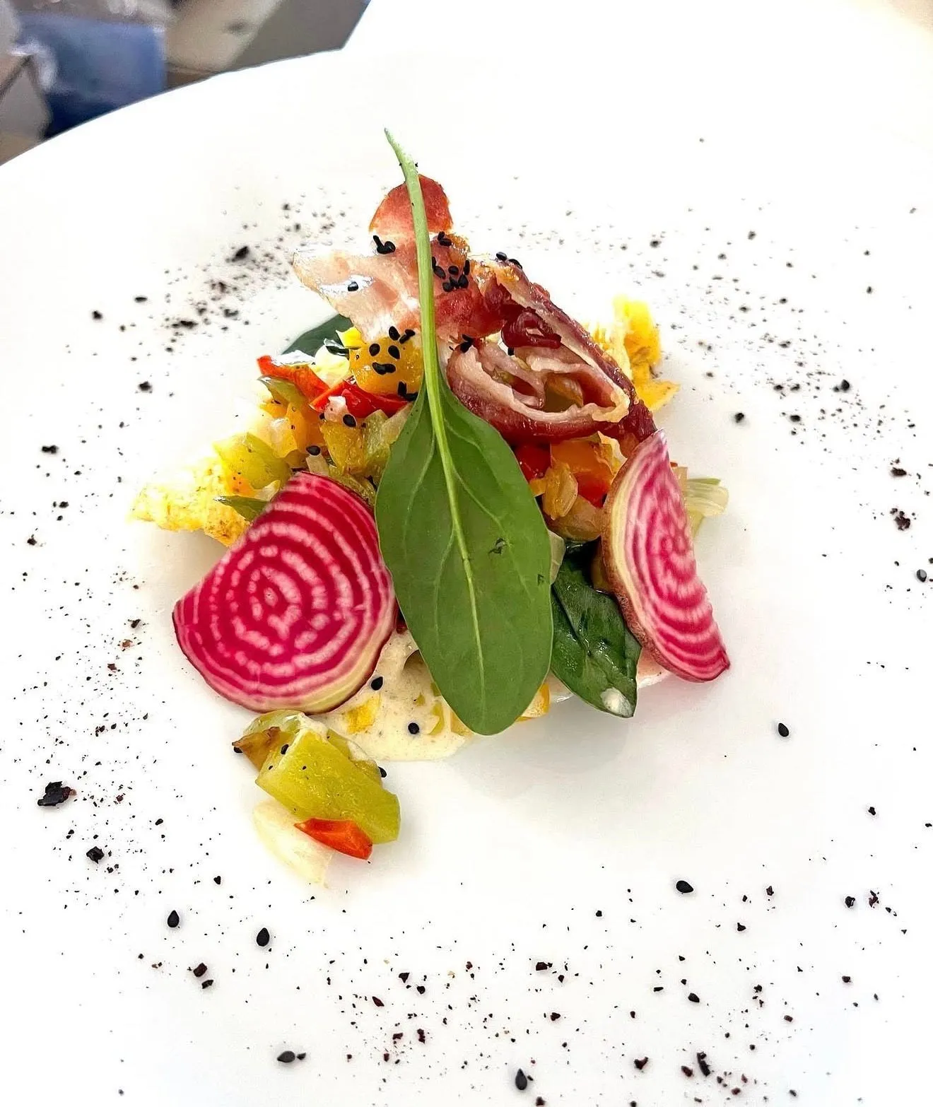A composed plate of candy-stripe beetroot, cured meat and herbs on white porcelain