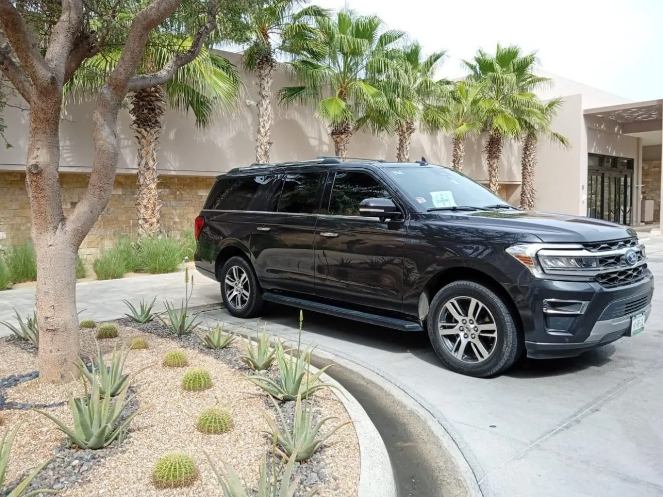 A black SUV waiting under the palms on a resort driveway in Los Cabos